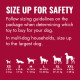Dog toy sizing chart: "SIZE UP FOR SAFETY" with guidance text and dog silhouettes labeled XS–XXL showing weight ranges (lb/kg)