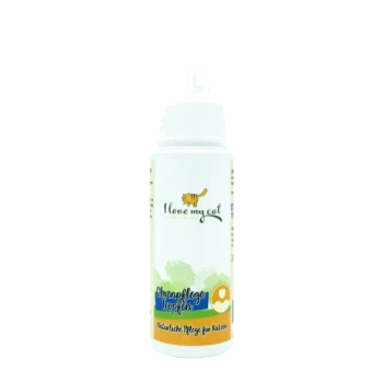 Flasche mit 'Ich liebe meine Katze' Ohrpflegestropfen für Katzen, mit einem weißen Design und einem gelben Katzenlogo sowie Text in deutscher Sprache.