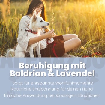 Eine Sprühflasche mit der Aufschrift "ALPHAZOO Care SEELENRUHE" für die Entspannung von Hunden mit Lavendel und Baldrian, mit beruhigenden Text-Highlights.