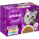 Whiskas Aromatische Auswahl Katzenfutterbox mit dem Gesicht einer grauen Katze, einer Schüssel mit Nassfutter und deutschem Text zu Geschmacksrichtungen wie Schwein und Huhn.