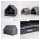 Graue Tierhäuser mit modernem Design, mit einem gemütlichen Innenraum und plüschiger Bettwäsche, beschriftet mit "UNSER PETHOME."