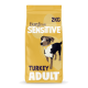 Gelbe 2-kg-Tüte Burgess Sensitive Turkey Adult Hundefutter mit Hund-Illustration und sichtbarem Text 'SENSITIVE', 'TURKEY', 'ADULT'.