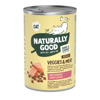 Dosenfutter für Katzen "Naturally Good" mit einer verspielten Katzen-Grafik, beschriftet mit "ADULT" und "VEGGIES & MEAT," mit Linsen und Lachs.