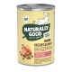 Nourriture pour chats en conserve "Naturally Good" avec un graphique de chat joueur, étiquetée "ADULT" et "VEGGIES & MEAT," avec des lentilles et du saumon.