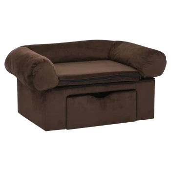 Braunes Haustiersofa mit plüschigen Armen und einem abnehmbaren Kissen, mit einer Schublade zur Aufbewahrung darunter.