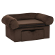 Braunes Haustiersofa mit plüschigen Armen und einem abnehmbaren Kissen, mit einer Schublade zur Aufbewahrung darunter.