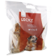 Sac en plastique transparent de friandises pour chiens "LECKY" avec un chien souriant, étiqueté "Öhrli light vom Rind" et "Orecchie leggere di manzo."