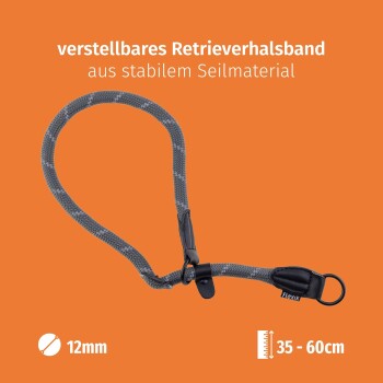 Verstellbares Hundehalsband aus strapazierfähigem Seilmaterial, geeignet für Halsgrößen von 35-60 cm, mit einer Dicke von 12 mm.