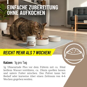 Eine Person, die sanft eine zufriedene orangefarbene Tabbykatze streichelt, mit einem Textfeld, das "MIT EXPERTEN ENTWICKELT" sagt und Details zur Expertenentwicklung in Deutschland enthält.