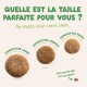 Trois tailles de croquettes sous le titre « Quelle est la taille parfaite pour vous ? » Étiquettes : Grande 18 mm, Moyenne 14 mm, Petite 10 mm.