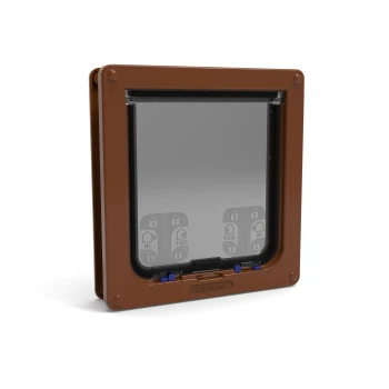 Cat Mate Katzenklappe mit einem braunen Rahmen, die vier Verriegelungsoptionen bietet: verriegelt, nur rein, nur raus und entriegelt.