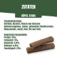 Büffel Sticks voor huisdieren: granen, glycerine, vlees, bijproducten. Voedingsanalyse: 13% eiwit, 3% vet, 4,9% as, 0,8% vezels, 21% vocht.