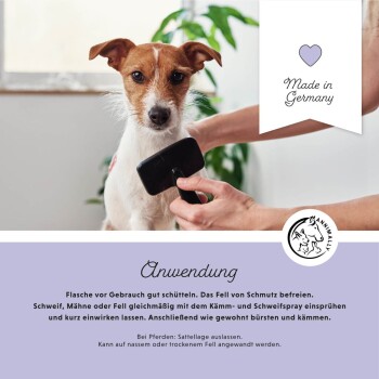 Eine Person bürstet einen kleinen Hund, mit deutschen Anweisungen für das Pflegespray und einem Banner "Hergestellt in Deutschland."