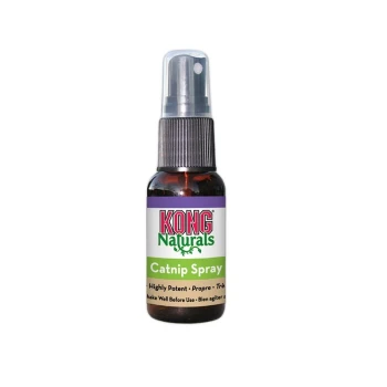 Catnip Spray KONG Naturals Katzenminze-Sprayflasche, beschriftet mit "Hochwirksam", mit Anweisungen "Vor Gebrauch gut schütteln" auf Englisch und Französisch.