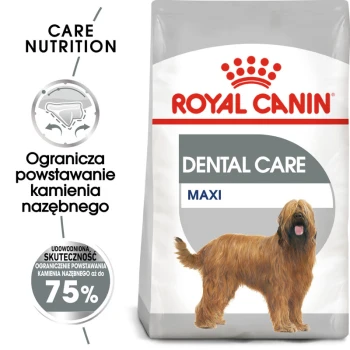 Torba z karmą dla psów Royal Canin Dental Care Maxi z ilustracją puszystego psa, z tekstem w języku polskim o redukcji powstawania kamienia nazębnego o nawet 75%.