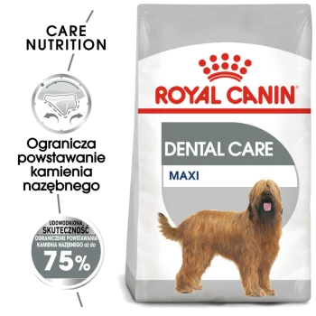 Torba z karmą dla psów Royal Canin Dental Care Maxi z ilustracją puszystego psa, z tekstem w języku polskim o redukcji powstawania kamienia nazębnego o nawet 75%.
