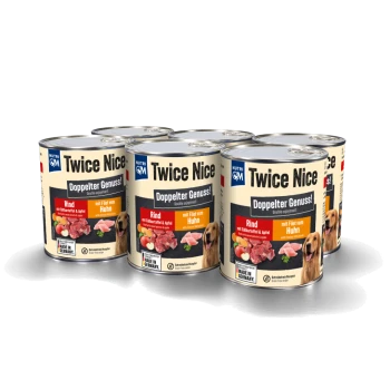 Sechs Dosen Nutri QM Twice Nice Hundefutter, Rind mit Süßkartoffel & Apfel und Hähnchenfilet, hergestellt in Deutschland.