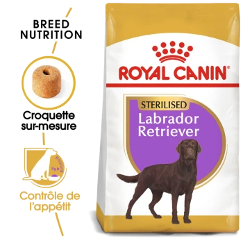 Sac de nourriture pour chiens Royal Canin Sterilised Labrador Retriever avec une illustration de Labrador marron et un texte sur la nutrition de la race et le contrôle de l'appétit.