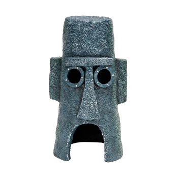 A decorative aquarium ornament resembling a stone statue with a face, featuring two circular openings for fish to swim through.