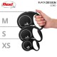 A hand holding a Flexi retractable dog leash in black design, with three sizes displayed: XS, S, and M, labeled in gray.