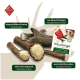 Natürliche Hundekau-Sticks aus 100% Hirschgeweih, mit geschliffenen Kanten und einem Produktlabel, das wertvolle Mineralien hervorhebt.