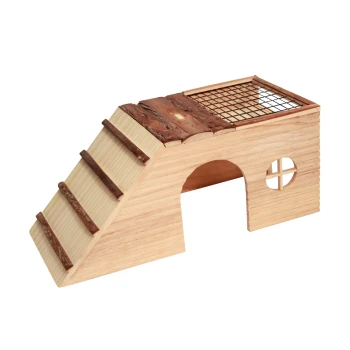 Holzhaustierrampe mit Treppen und einem geschlossenen Bereich, mit einem Gitteroberteil und einem runden Fenster. Ideal für kleine Tiere.