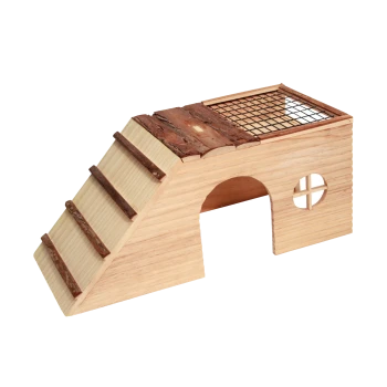 Holzhaustierrampe mit Treppen und einem geschlossenen Bereich, mit einem Gitteroberteil und einem runden Fenster. Ideal für kleine Tiere.