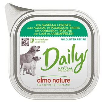 Verpackung für feuchtes Hundefutter mit einem Hund und einem Welpen, gekennzeichnet mit 'Täglich' und natürlichen Zutaten, glutenfreier Rezeptur und Almo Nature Branding.
