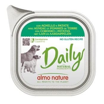Verpackung für feuchtes Hundefutter mit einem Hund und einem Welpen, gekennzeichnet mit 'Täglich' und natürlichen Zutaten, glutenfreier Rezeptur und Almo Nature Branding.