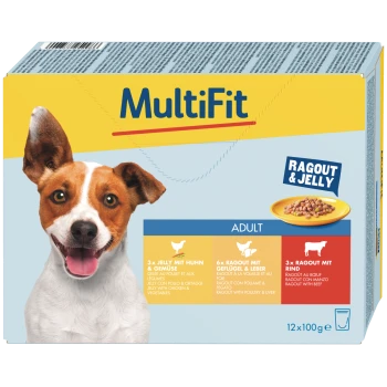 Boîte d'aliments pour chiens MultiFit avec photo partielle de chien, logo 'MultiFit', étiquette 'Ragout & Jelly', mention 'Adult' et '12×100g'.