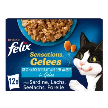 Schachtel mit Purina Felix Sensations Gelees Katzenfutter mit einer schwarz-weißen Katze und Geschmacksrichtungen: Sardine, Lachs und Forelle.