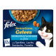 Schachtel mit Purina Felix Sensations Gelees Katzenfutter mit einer schwarz-weißen Katze und Geschmacksrichtungen: Sardine, Lachs und Forelle.