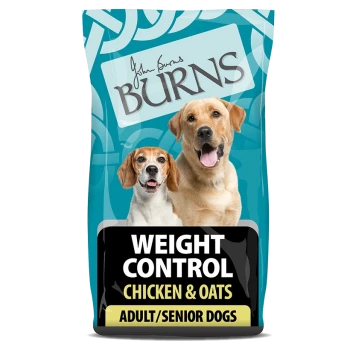Dog food bag featuring "Burns" brand, labeled "Weight Control" with "Chicken & Oats" for adult/senior dogs.