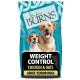 Dog food bag featuring "Burns" brand, labeled "Weight Control" with "Chicken & Oats" for adult/senior dogs.