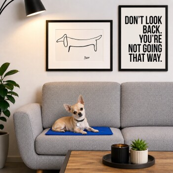 Ein kleiner Hund liegt auf einem grauen Sofa mit einer blauen Matte, umgeben von gerahmten Kunstwerken mit einer einfachen Hundeskizze und einem motivierenden Zitat.