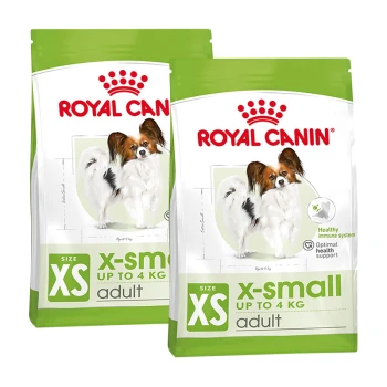 Zwei Taschen Royal Canin X-Small Hundefutter für Erwachsene, geeignet für Hunde bis zu 4 kg, mit einem Papillon-Hund auf der Verpackung.