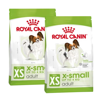 Zwei Taschen Royal Canin X-Small Hundefutter für Erwachsene, geeignet für Hunde bis zu 4 kg, mit einem Papillon-Hund auf der Verpackung.