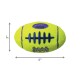 Neon-gelbgrünes KONG AirDog-Quietscher-Football-Hundespielzeug mit lila Schnürsenkeln, beschriftet mit 'SQUEAKER' und 'KONG AirDog', 5" x 3".