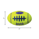 Neon-gelbgrünes KONG AirDog-Quietscher-Football-Hundespielzeug mit lila Schnürsenkeln, beschriftet mit 'SQUEAKER' und 'KONG AirDog', 5" x 3".