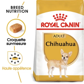 Sac de nourriture pour chiens Royal Canin Chihuahua Adult avec une illustration de Chihuahua, mettant en avant la nutrition de la race et une haute appétence.