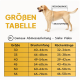 Fünf Hunde in schwarzen Geschirren mit Größenetiketten darüber und einer Größentabelle darunter, die Maße von 4XS bis M in Zentimetern zeigt.
