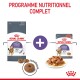 Emballage de nourriture pour chats Royal Canin Appetite Control avec des croquettes sèches et de la nourriture humide sur une assiette, présentant le texte 'Programme Nutritionnel Complet'.
