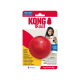Rode KONG Ball hondenspeelgoed op verpakking met foto van meisje en hond; zichtbare tekst "KONG Ball", "Durable Natural Rubber", "Extreme Bounce"