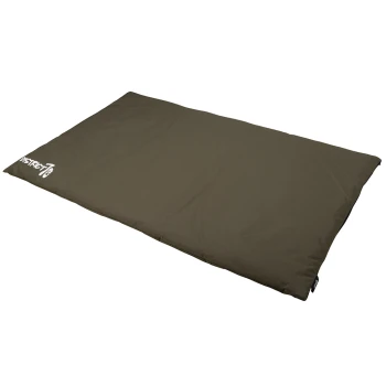 Ein großes, rechteckiges Haustierbett in dunkelolivgrün, mit einem Logo in einer Ecke.