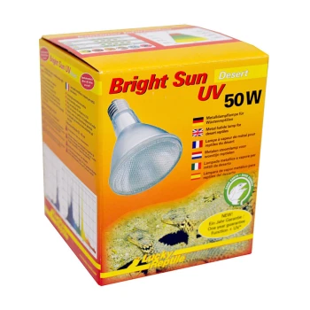 Bright Sun UV Desert 50 W Pudełko lampy metalohalogenkowej "Bright Sun UV 50W" dla gadów pustynnych, z wielojęzycznym tekstem i obrazem żarówki na jasnym żółtym tle.