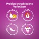 Bild zur Förderung von Hundefuttervarianten mit vier kreisförmigen Symbolen: Huhn & Käse, Truthahn, Lachs und Rind, auf einem lila Hintergrund.