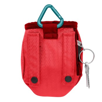 Rote Leckerli-Tasche für Haustiere mit hexagonalem Muster, mit einem türkisfarbenen Karabiner, Reißverschluss und angebrachtem Schlüsselring.