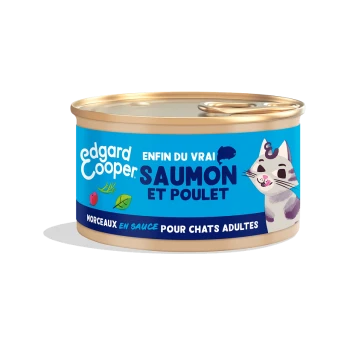 Boîte de nourriture pour chat Edgard Cooper avec du saumon et du poulet, avec une étiquette colorée et une illustration de chat ludique.