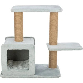 Grauer Katzenbaum mit zwei Kratzpfosten, einem gemütlichen Versteck und einer oberen Plattform zum Klettern und Entspannen.