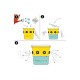 Illustration von drei Schritten für einen umweltfreundlichen Fliegenfänger: 1) Wasser und Paket in einen gelben Eimer gießen, 2) Deckel schließen, 3) Duft zieht Fliegen an.
